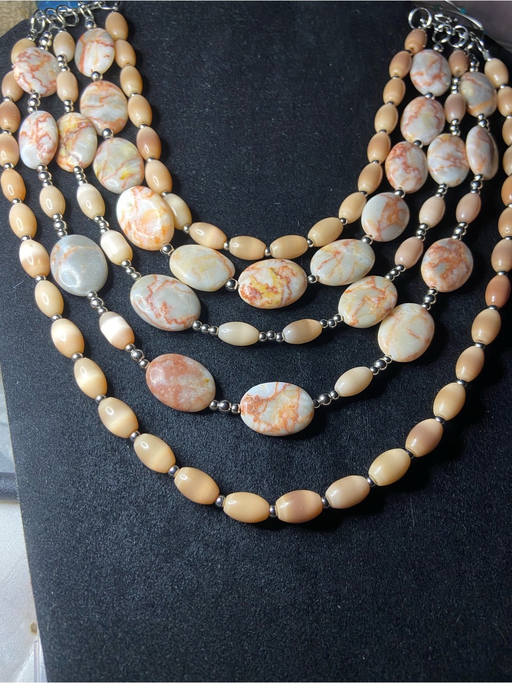 Multistrand Peach and Cream Beaded Necklace by